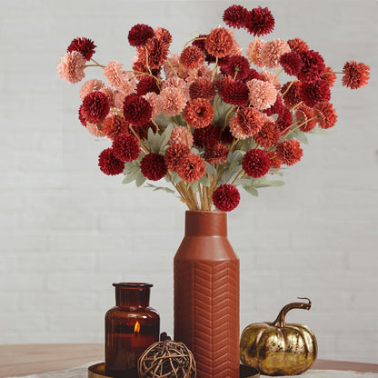 12 Pcs Artificial Chrysanthemum Flowers, Orange Kiku Pom Pom Mums Flower Faux Fall Floral for Autumn Halloween Kitchen Table Centerpiece Home Decor (12, Burgundy, Burnt Orange, Deep Peach)