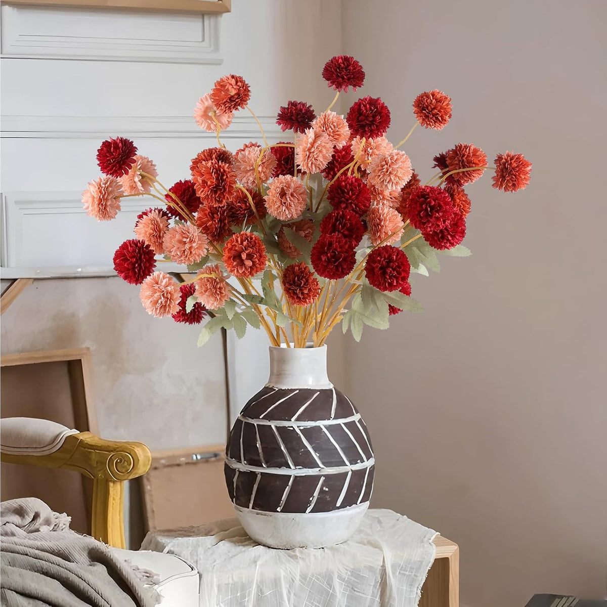 12 Pcs Artificial Chrysanthemum Flowers, Orange Kiku Pom Pom Mums Flower Faux Fall Floral for Autumn Halloween Kitchen Table Centerpiece Home Decor (12, Burgundy, Burnt Orange, Deep Peach)