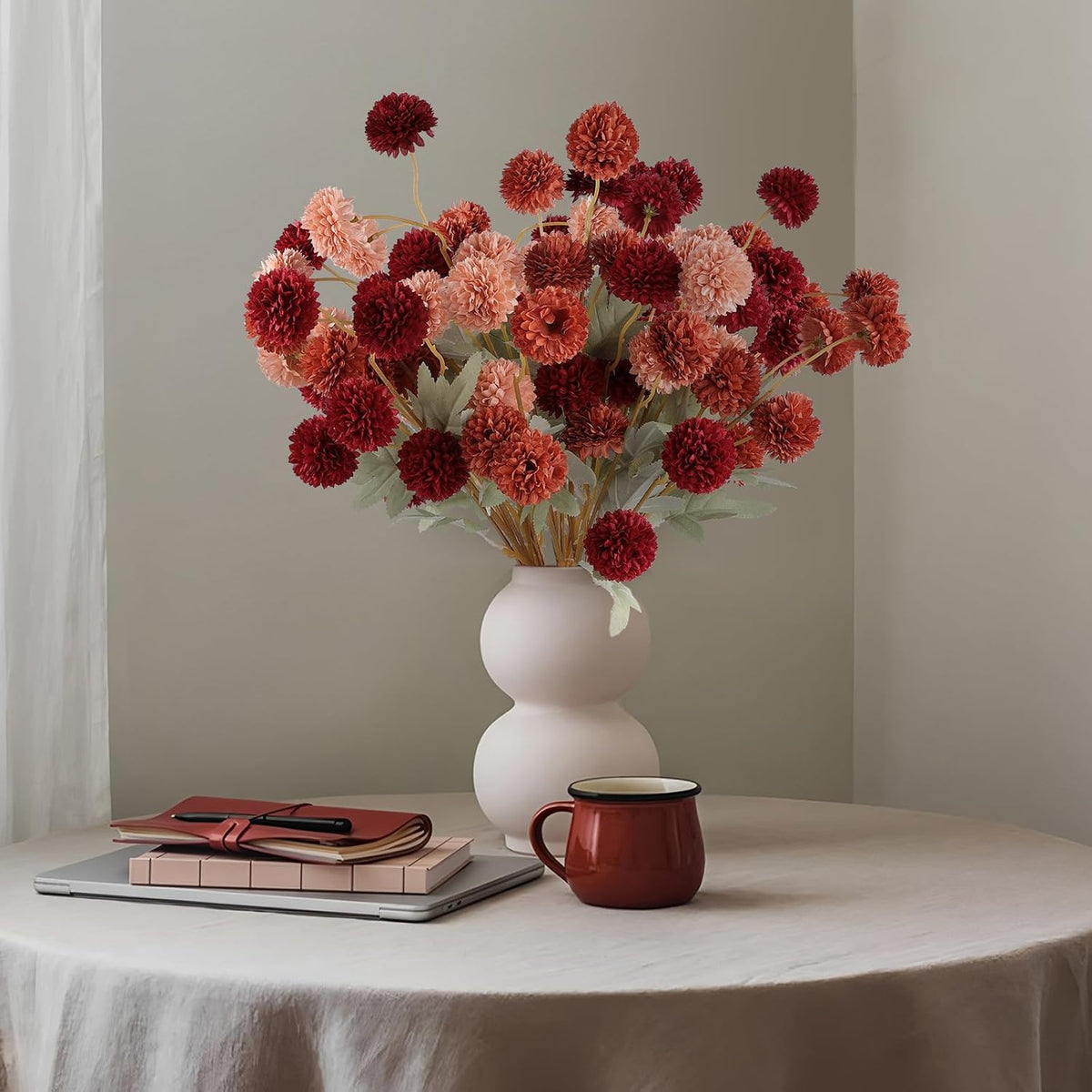 12 Pcs Artificial Chrysanthemum Flowers, Orange Kiku Pom Pom Mums Flower Faux Fall Floral for Autumn Halloween Kitchen Table Centerpiece Home Decor (12, Burgundy, Burnt Orange, Deep Peach)