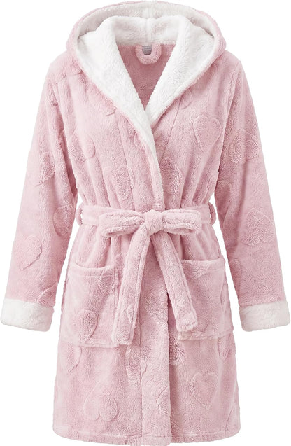 Womens Hooded Fuzzy Robe, Short Plush Heart Jacquard Bathrobe, Cozy Fleece Robe with Pockets