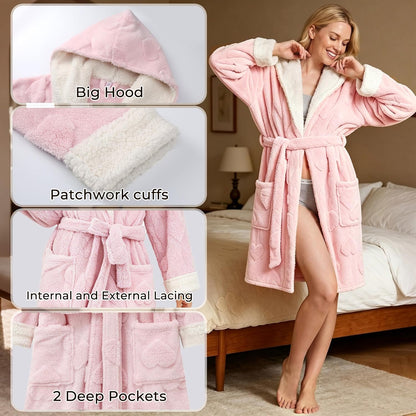 Womens Hooded Fuzzy Robe, Short Plush Heart Jacquard Bathrobe, Cozy Fleece Robe with Pockets