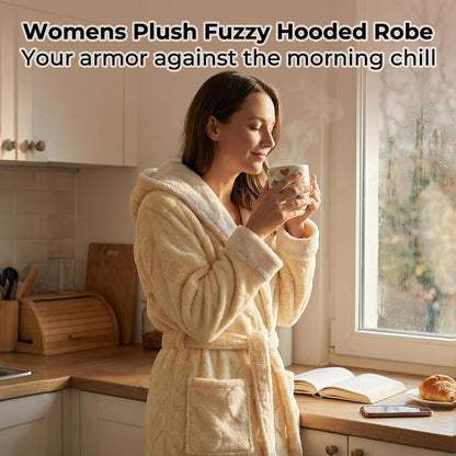Womens Hooded Fuzzy Robe, Short Plush Heart Jacquard Bathrobe, Cozy Fleece Robe with Pockets