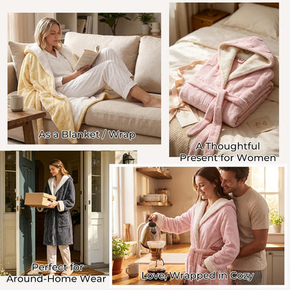 Womens Hooded Fuzzy Robe, Short Plush Heart Jacquard Bathrobe, Cozy Fleece Robe with Pockets