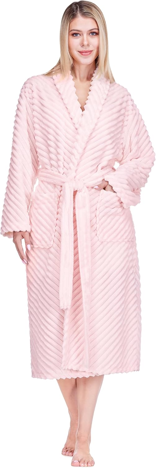 Womens Plush Fleece Robe, Super Soft Long Bathrobe with Pockets