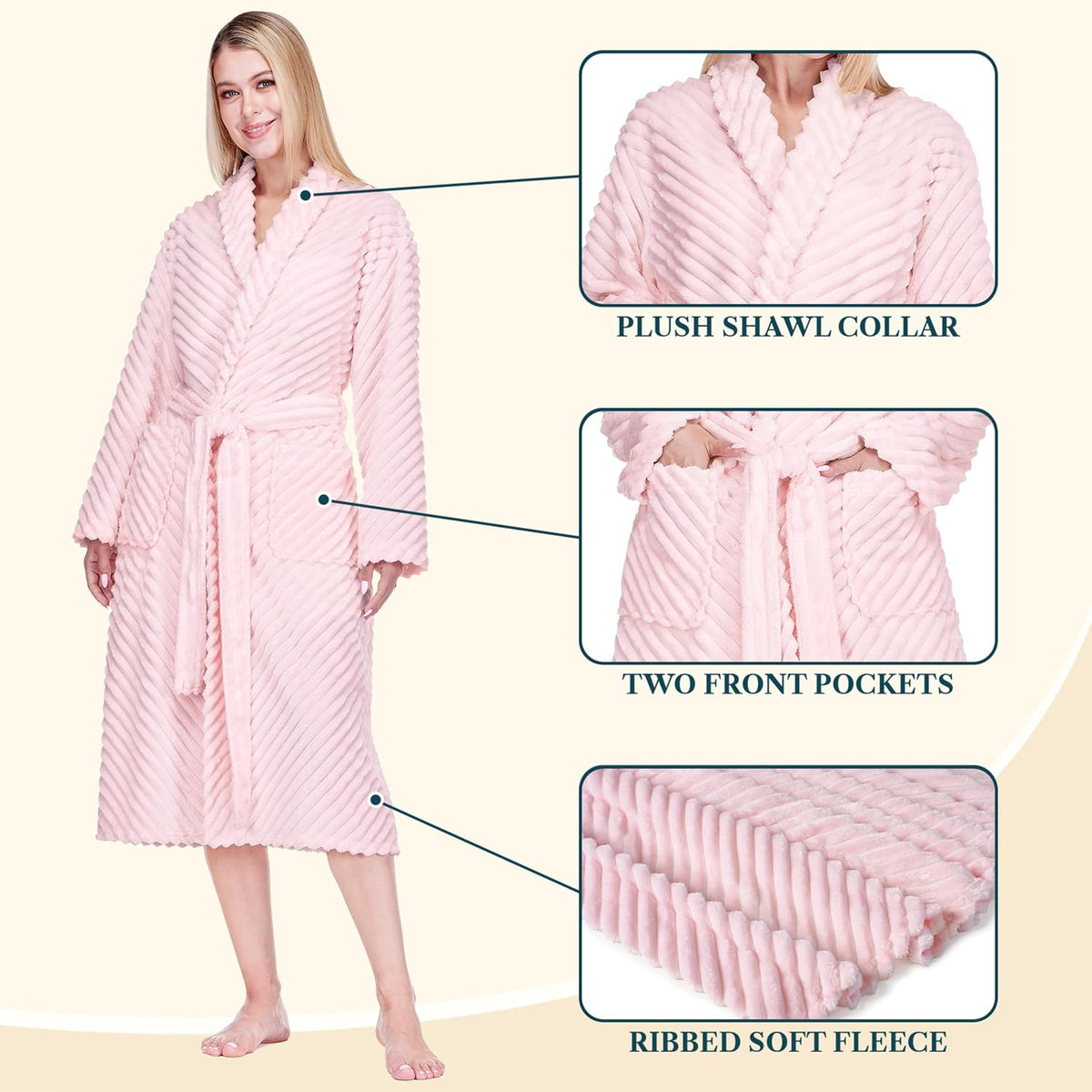 Womens Plush Fleece Robe, Super Soft Long Bathrobe with Pockets
