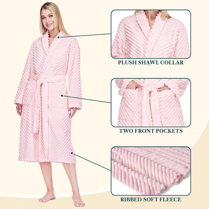 Womens Plush Fleece Robe, Super Soft Long Bathrobe with Pockets