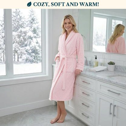 Womens Plush Fleece Robe, Super Soft Long Bathrobe with Pockets
