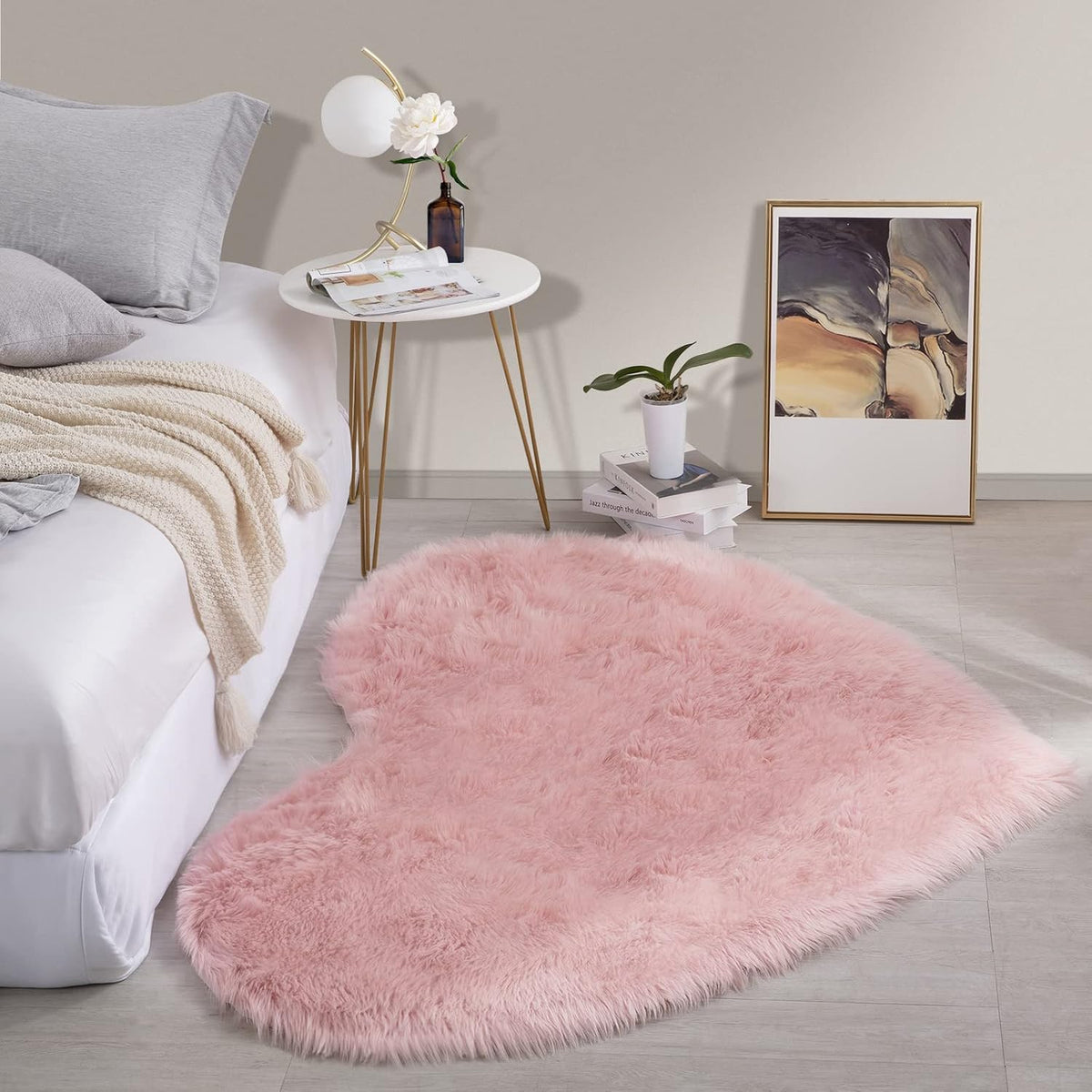 Fluffy 4x6 Faux Fur Heart Shaped Area Rug for Living Room Bedroom, Soft Large Pink Faux Sheepskin Play Carpet for Kids Girls and Pets, Plush Furry Decor Shaggy Feet Mat for Bedside