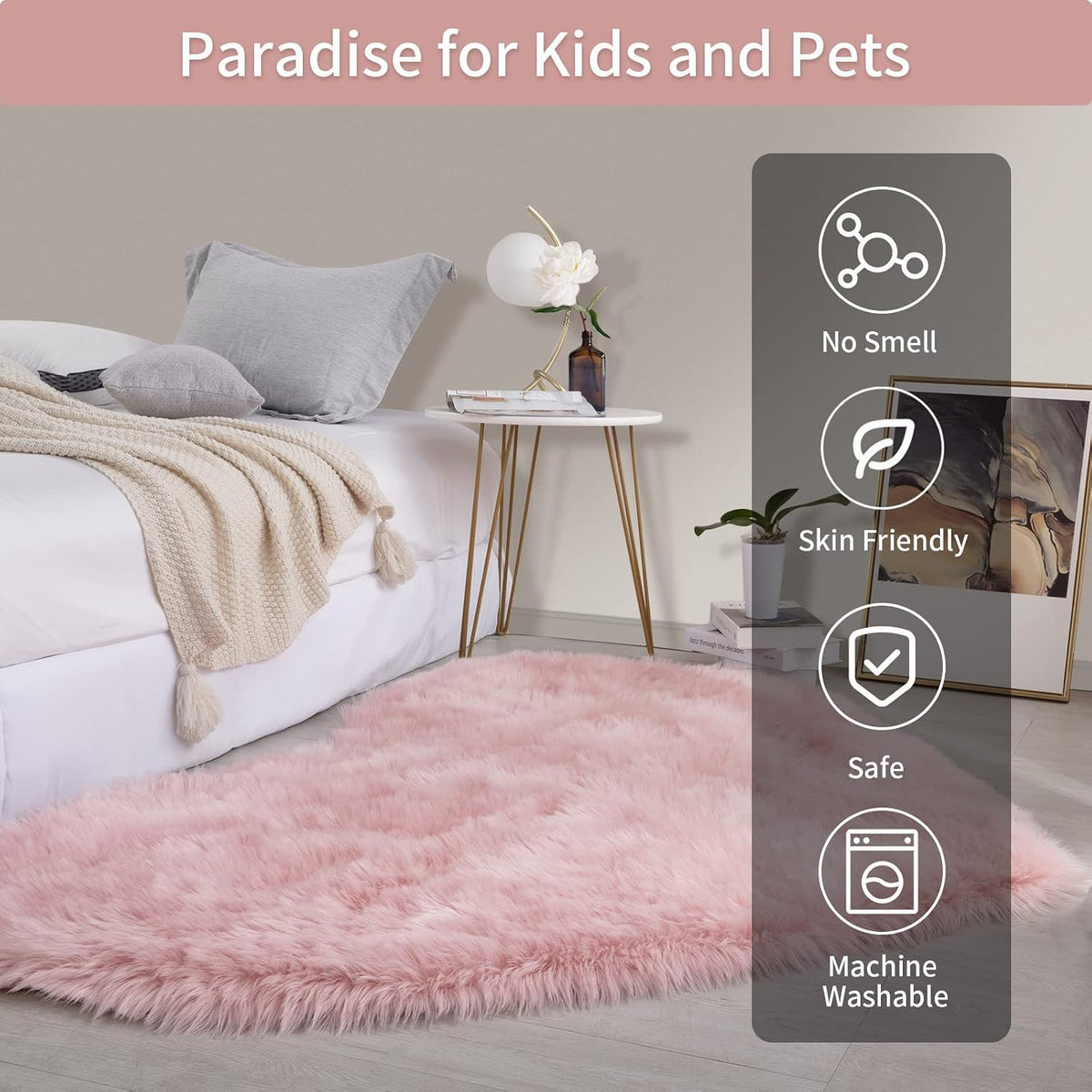 Fluffy 4x6 Faux Fur Heart Shaped Area Rug for Living Room Bedroom, Soft Large Pink Faux Sheepskin Play Carpet for Kids Girls and Pets, Plush Furry Decor Shaggy Feet Mat for Bedside