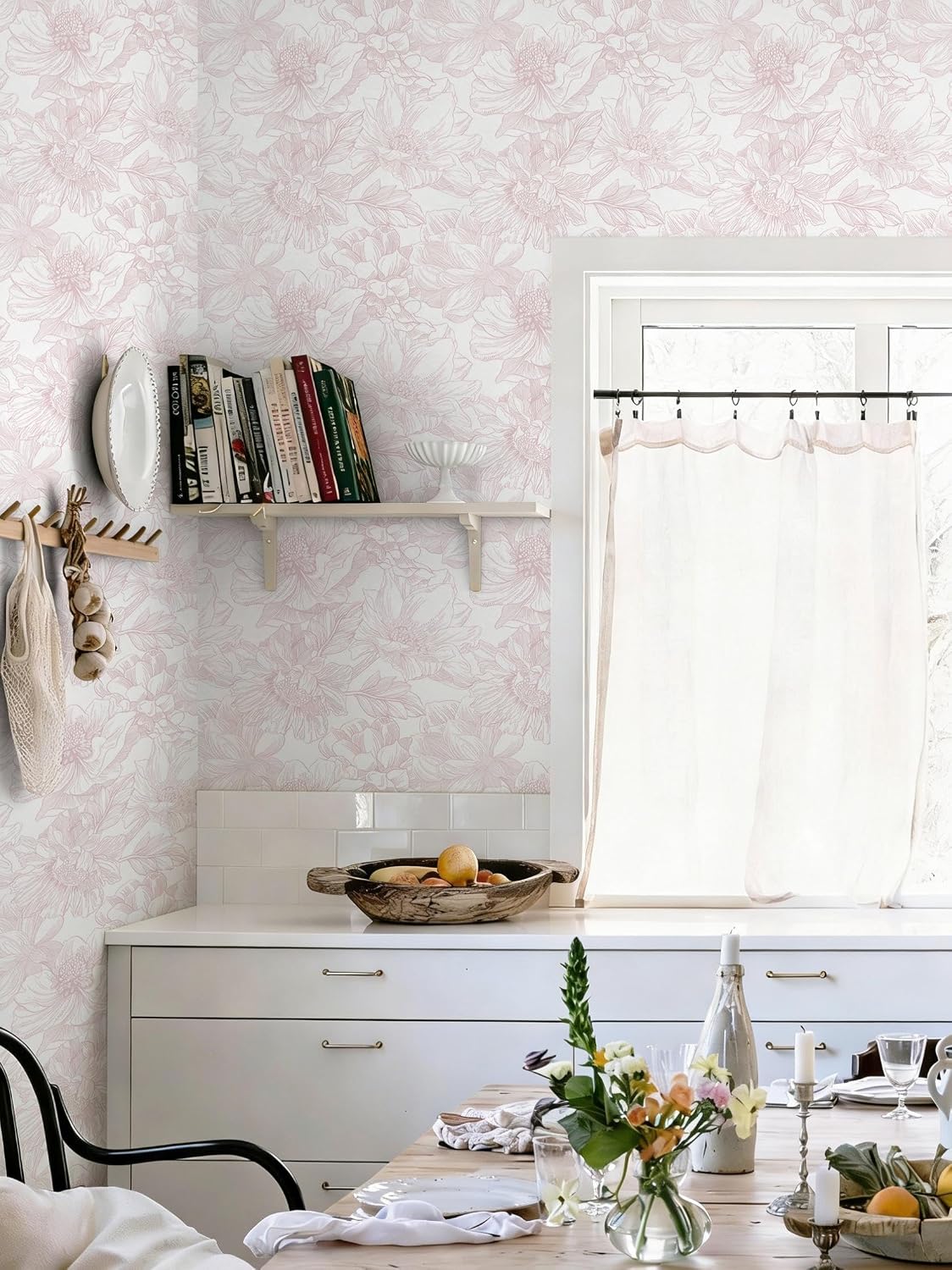 Dimoon 78.7"x17.3" Peel and Stick Wallpaper Floral Contact Paper Boho White Pink Flower Wallpaper Removable Wall Paper Self Adhesive Modern Contactpaper for Cabinets Drawers Bedroom Thicken Vinyl