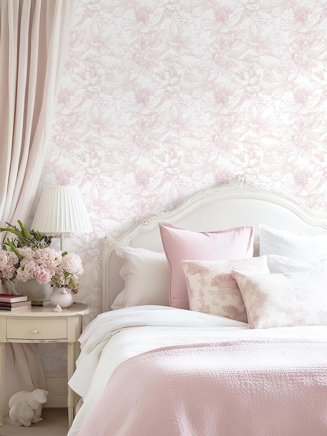 Dimoon 78.7"x17.3" Peel and Stick Wallpaper Floral Contact Paper Boho White Pink Flower Wallpaper Removable Wall Paper Self Adhesive Modern Contactpaper for Cabinets Drawers Bedroom Thicken Vinyl