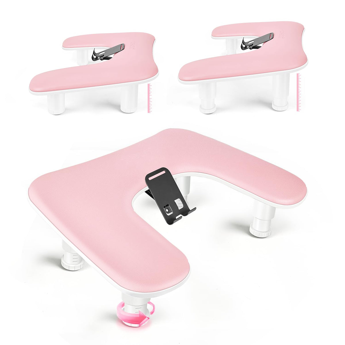 Pink U-Shaped Manicure Arm Rest for Nails Tech with Rotating 360°Built-In Phone Holder and Adjustable Nail Arm Rest Detachable Manicure Hand Rest for Salon Design