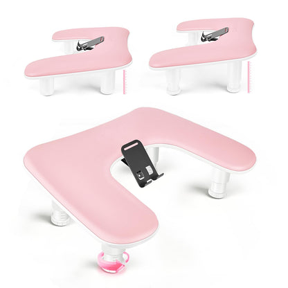 Pink U-Shaped Manicure Arm Rest for Nails Tech with Rotating 360°Built-In Phone Holder and Adjustable Nail Arm Rest Detachable Manicure Hand Rest for Salon Design