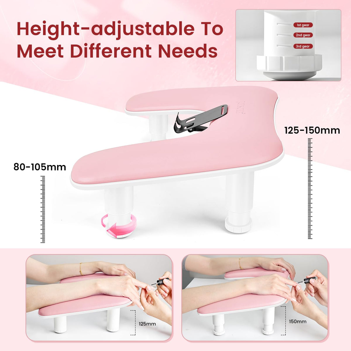 Pink U-Shaped Manicure Arm Rest for Nails Tech with Rotating 360°Built-In Phone Holder and Adjustable Nail Arm Rest Detachable Manicure Hand Rest for Salon Design