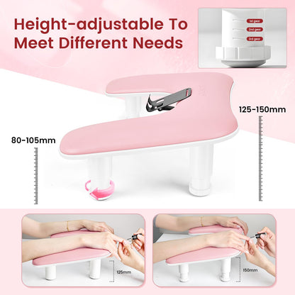 Pink U-Shaped Manicure Arm Rest for Nails Tech with Rotating 360°Built-In Phone Holder and Adjustable Nail Arm Rest Detachable Manicure Hand Rest for Salon Design