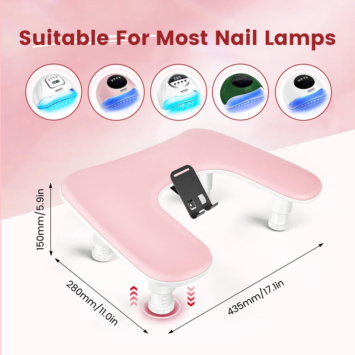 Pink U-Shaped Manicure Arm Rest for Nails Tech with Rotating 360°Built-In Phone Holder and Adjustable Nail Arm Rest Detachable Manicure Hand Rest for Salon Design
