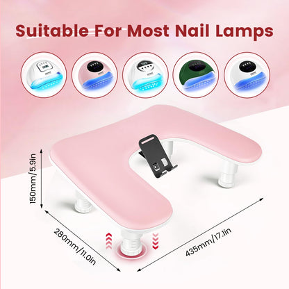 Pink U-Shaped Manicure Arm Rest for Nails Tech with Rotating 360°Built-In Phone Holder and Adjustable Nail Arm Rest Detachable Manicure Hand Rest for Salon Design