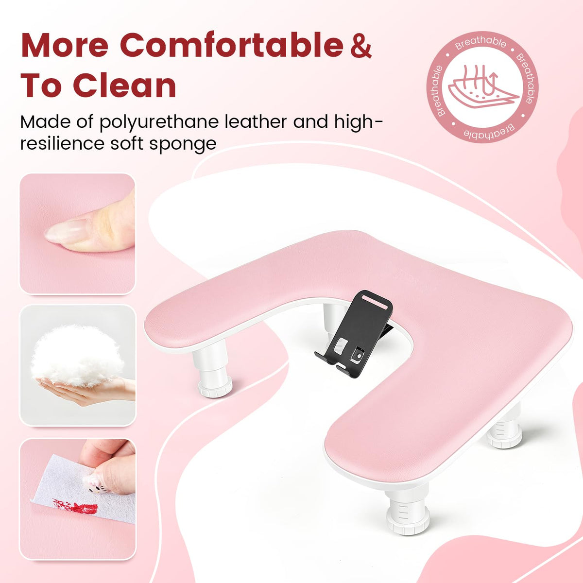 Pink U-Shaped Manicure Arm Rest for Nails Tech with Rotating 360°Built-In Phone Holder and Adjustable Nail Arm Rest Detachable Manicure Hand Rest for Salon Design