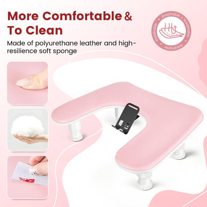 Pink U-Shaped Manicure Arm Rest for Nails Tech with Rotating 360°Built-In Phone Holder and Adjustable Nail Arm Rest Detachable Manicure Hand Rest for Salon Design