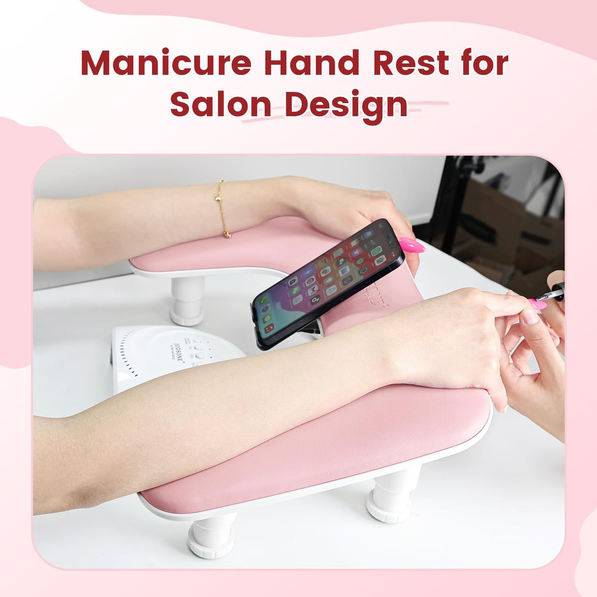 Pink U-Shaped Manicure Arm Rest for Nails Tech with Rotating 360°Built-In Phone Holder and Adjustable Nail Arm Rest Detachable Manicure Hand Rest for Salon Design