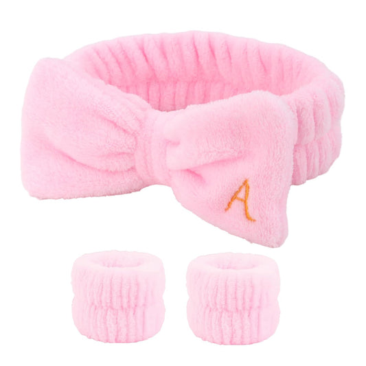 3PCS Spa Headband & Wristbands Set for Women,Letter A Face Wash Headband with Cute Bow,Makeup Skincare Accessories for Facial, Yoga,Gifts(Pink)