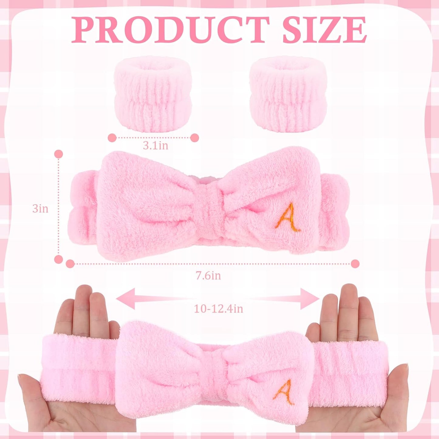 3PCS Spa Headband & Wristbands Set for Women,Letter A Face Wash Headband with Cute Bow,Makeup Skincare Accessories for Facial, Yoga,Gifts(Pink)
