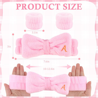 3PCS Spa Headband & Wristbands Set for Women,Letter A Face Wash Headband with Cute Bow,Makeup Skincare Accessories for Facial, Yoga,Gifts(Pink)