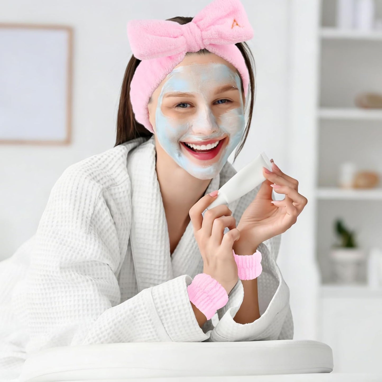 3PCS Spa Headband & Wristbands Set for Women,Letter A Face Wash Headband with Cute Bow,Makeup Skincare Accessories for Facial, Yoga,Gifts(Pink)