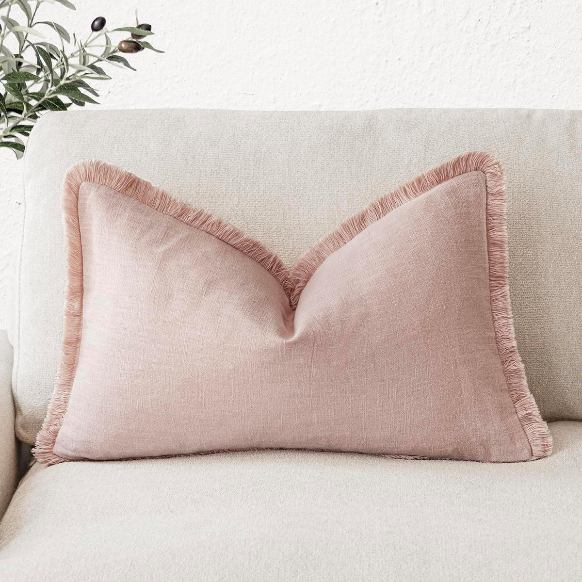 Decorative Linen Fringe Lumbar Throw Pillow Covers Cozy Boho Farmhouse Cushion Cover with Tassel Soft Accent Pillowcase for Sofa Bed Living Room Home Decor, 12×20 Inch, 1PC,Light Pink