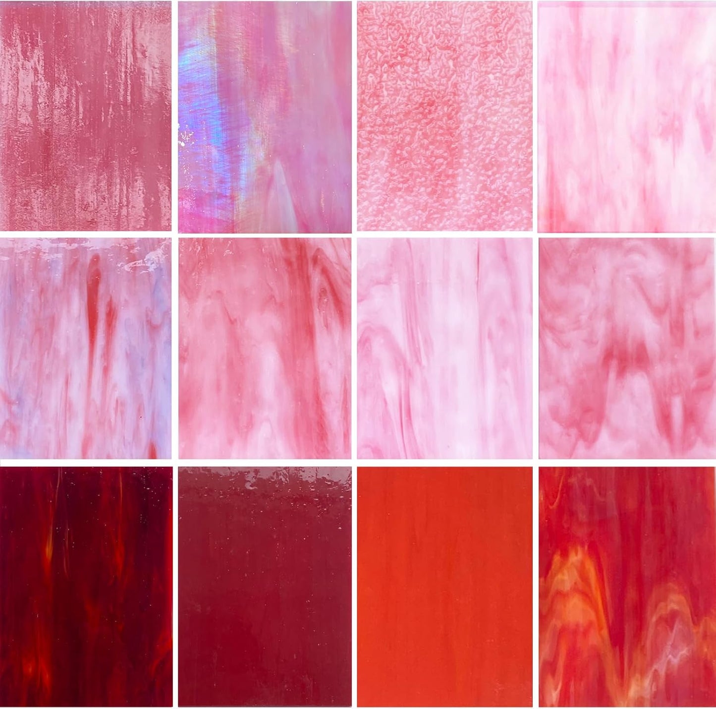 12 Sheets Mixed Red Pink Stained Glass Sheets, 4 x 6 inch Stained Glass Supplies Mosaic Glass Tiles for Crafts, Cathedral Glass Art Glass for Stained Glass Beginners and Hobbyists