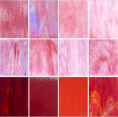 12 Sheets Mixed Red Pink Stained Glass Sheets, 4 x 6 inch Stained Glass Supplies Mosaic Glass Tiles for Crafts, Cathedral Glass Art Glass for Stained Glass Beginners and Hobbyists