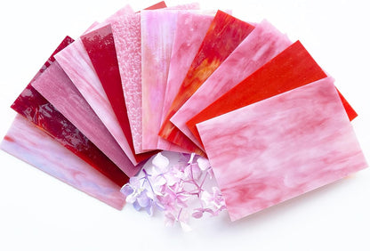 12 Sheets Mixed Red Pink Stained Glass Sheets, 4 x 6 inch Stained Glass Supplies Mosaic Glass Tiles for Crafts, Cathedral Glass Art Glass for Stained Glass Beginners and Hobbyists