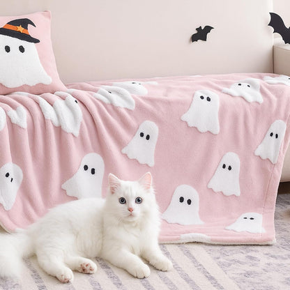 Halloween Throw Blanket, Pink Ghost Fleece Halloween Blanket 50"x60"