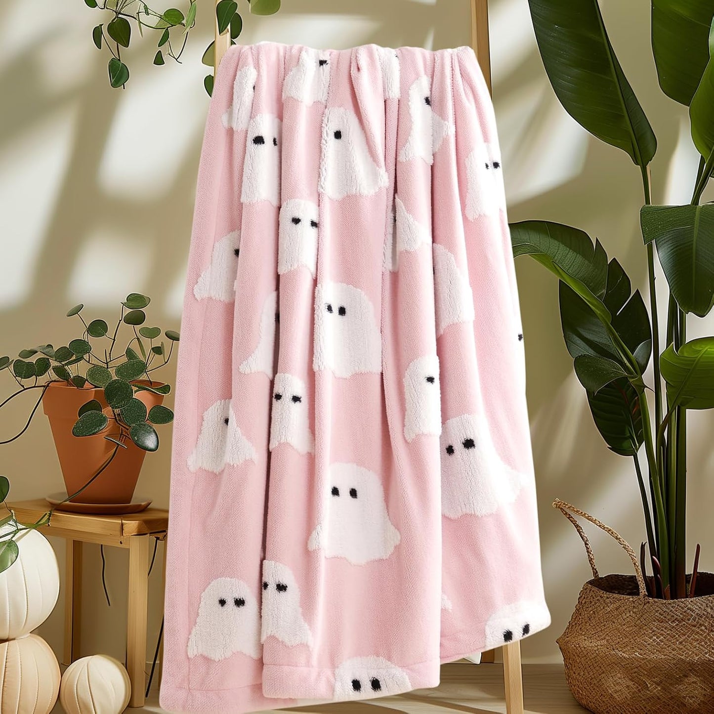 Halloween Throw Blanket, Pink Ghost Fleece Halloween Blanket 50"x60"