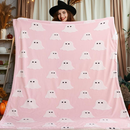 Halloween Throw Blanket, Pink Ghost Fleece Halloween Blanket 50"x60"
