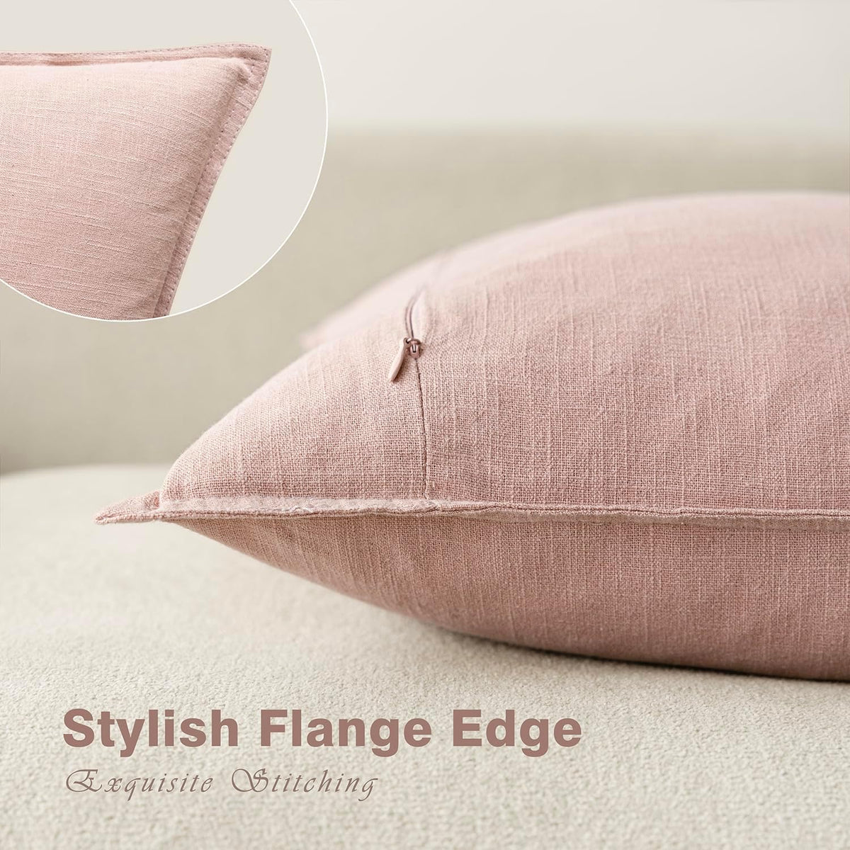 Pack of 2, Decorative Linen Solid Throw Pillow Covers Soft Accent Cushion Case Boho Farmhouse Pillowcase for Chair Couch Sofa Bedroom Living Room Home Decor 18 x 18 Inch Light Pink