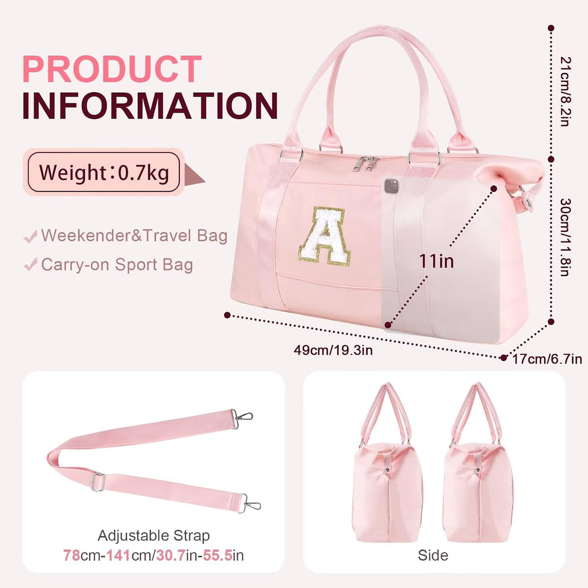 Dance Gym Duffel Bag for Teen Girls,Personalized Initial Travel Weekender Bag,Overnight Carry On Duffle for Women,Sports Travel Cheer Bag,Monogram Graduation Birthday Gifts for Tween Preppy(pink-A)