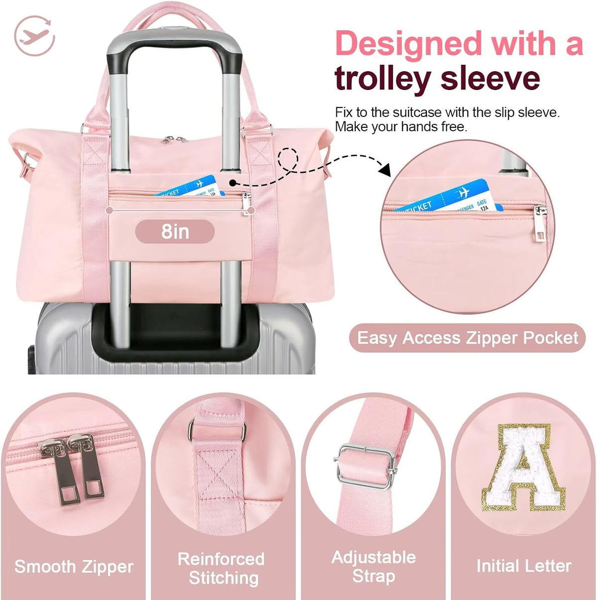 Dance Gym Duffel Bag for Teen Girls,Personalized Initial Travel Weekender Bag,Overnight Carry On Duffle for Women,Sports Travel Cheer Bag,Monogram Graduation Birthday Gifts for Tween Preppy(pink-A)
