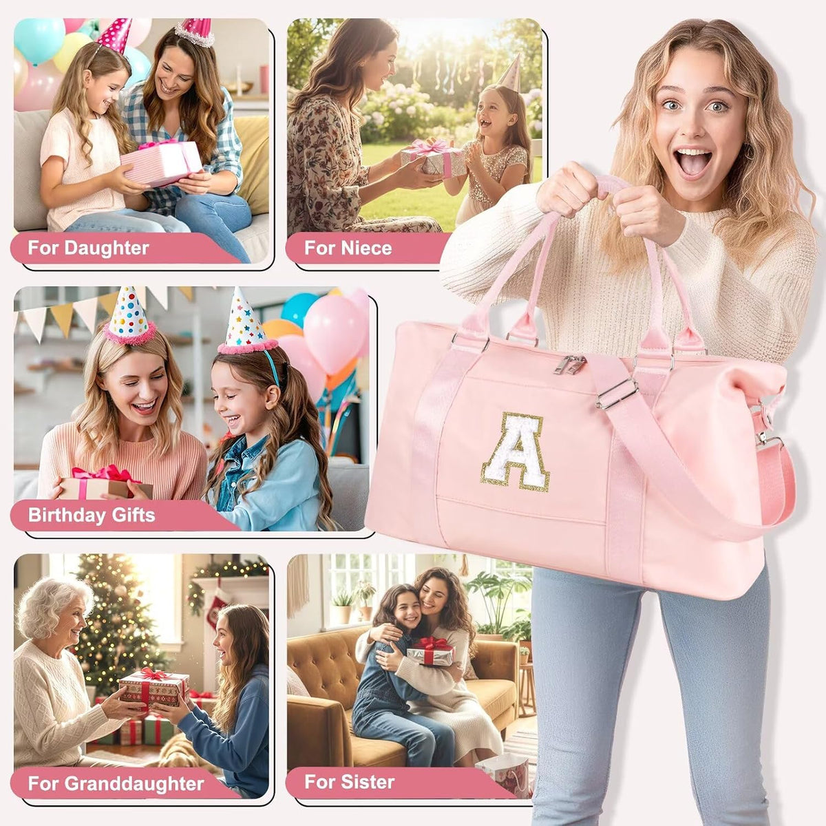 Dance Gym Duffel Bag for Teen Girls,Personalized Initial Travel Weekender Bag,Overnight Carry On Duffle for Women,Sports Travel Cheer Bag,Monogram Graduation Birthday Gifts for Tween Preppy(pink-A)