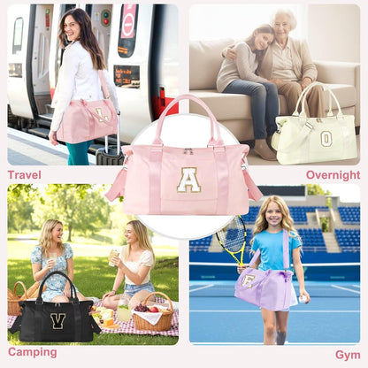 Dance Gym Duffel Bag for Teen Girls,Personalized Initial Travel Weekender Bag,Overnight Carry On Duffle for Women,Sports Travel Cheer Bag,Monogram Graduation Birthday Gifts for Tween Preppy(pink-A)