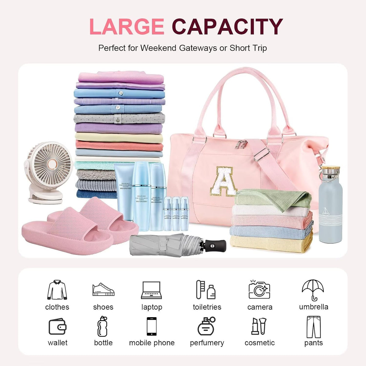 Dance Gym Duffel Bag for Teen Girls,Personalized Initial Travel Weekender Bag,Overnight Carry On Duffle for Women,Sports Travel Cheer Bag,Monogram Graduation Birthday Gifts for Tween Preppy(pink-A)