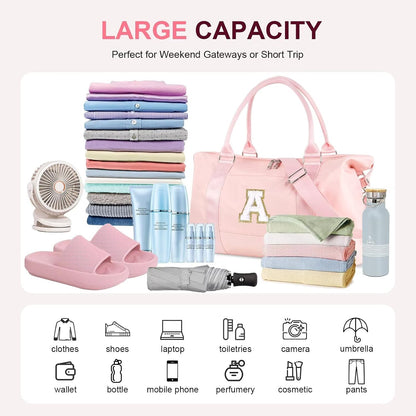 Dance Gym Duffel Bag for Teen Girls,Personalized Initial Travel Weekender Bag,Overnight Carry On Duffle for Women,Sports Travel Cheer Bag,Monogram Graduation Birthday Gifts for Tween Preppy(pink-A)