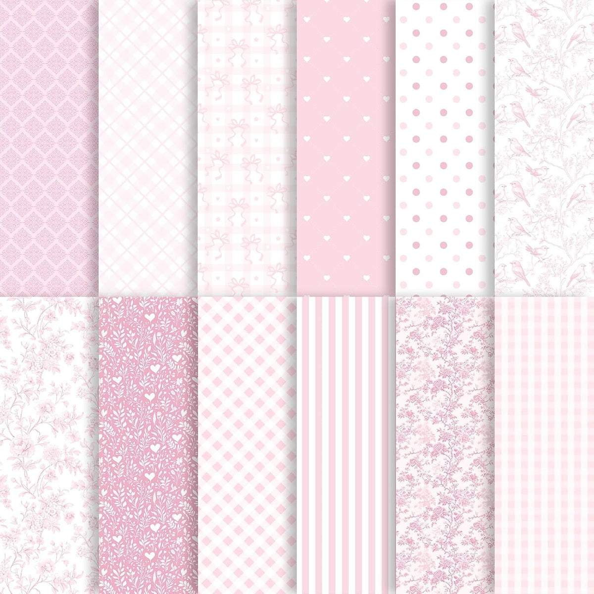 24 Sheets Pink Floral Bird Bow Scrapbook Paper, Preppy Floral Ribbon Bow Birds Decorative Craft Paper Folded Flat for Girly Birthday Baby Shower Card Making Photo Album Decor, 12'' x 12'' (A)