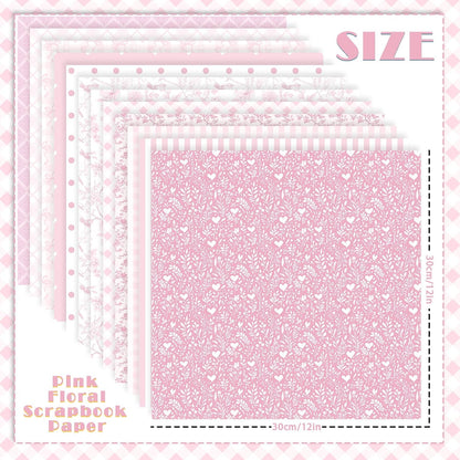 24 Sheets Pink Floral Bird Bow Scrapbook Paper, Preppy Floral Ribbon Bow Birds Decorative Craft Paper Folded Flat for Girly Birthday Baby Shower Card Making Photo Album Decor, 12'' x 12'' (A)