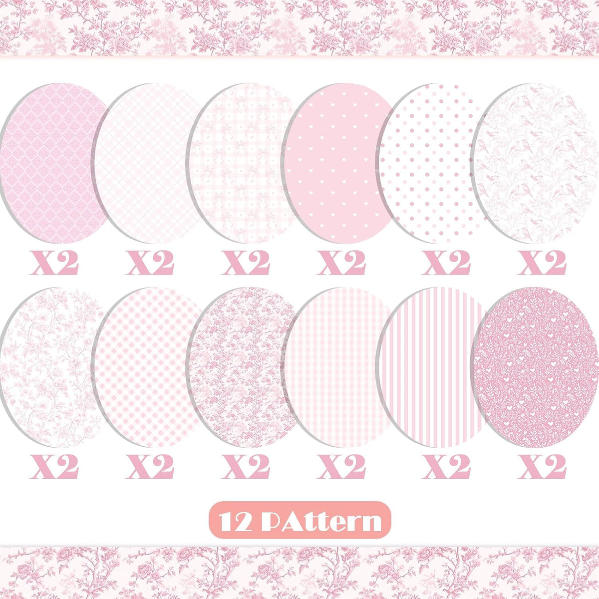 24 Sheets Pink Floral Bird Bow Scrapbook Paper, Preppy Floral Ribbon Bow Birds Decorative Craft Paper Folded Flat for Girly Birthday Baby Shower Card Making Photo Album Decor, 12'' x 12'' (A)