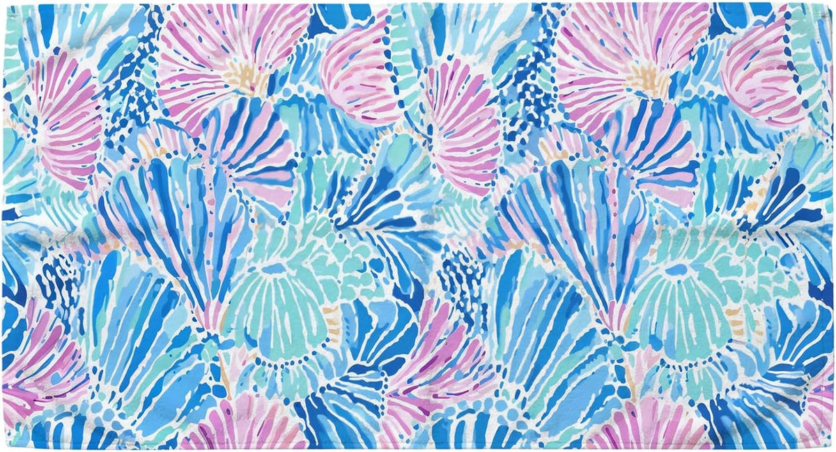 Blue and Pink Preppy Beach Towel 30x60 Inch, Watercolor Pastel Coastal Seashell Oversized Bath Towel Blanket for Bathroom Travel Swimming Pool Spa Yoga Camping