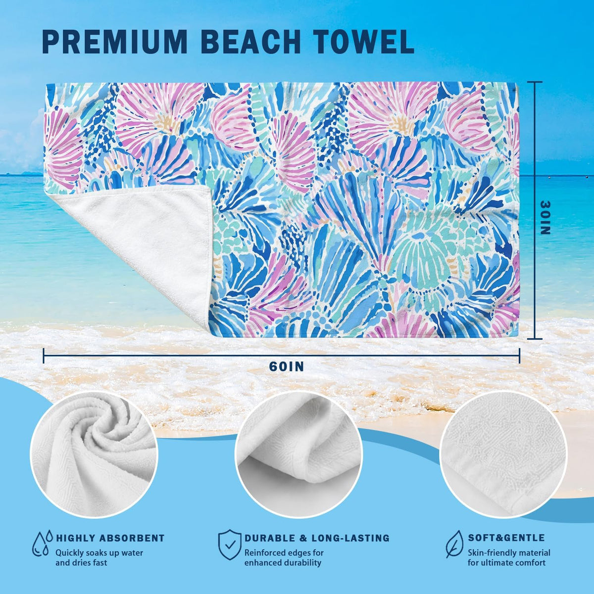 Blue and Pink Preppy Beach Towel 30x60 Inch, Watercolor Pastel Coastal Seashell Oversized Bath Towel Blanket for Bathroom Travel Swimming Pool Spa Yoga Camping