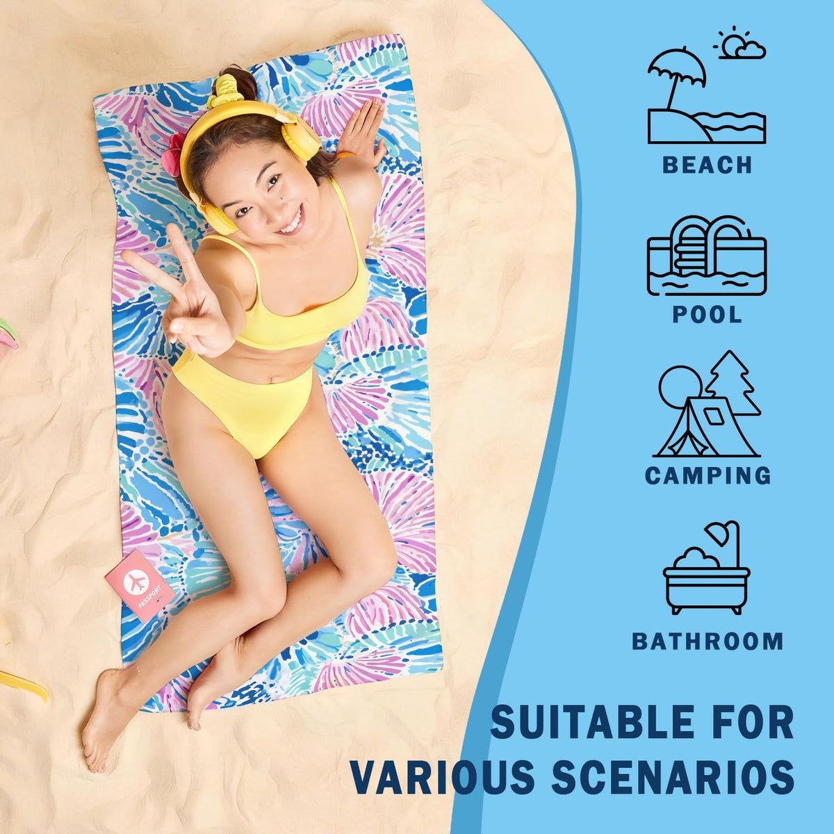 Blue and Pink Preppy Beach Towel 30x60 Inch, Watercolor Pastel Coastal Seashell Oversized Bath Towel Blanket for Bathroom Travel Swimming Pool Spa Yoga Camping