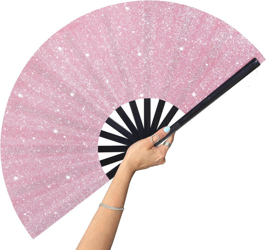 13 Inch Large Folding Fan-Hand Fan Popping Fan for Line Dancing Clacking Fans for Boots On The Ground Dance,Party,Outdoor,Decoration (Pink Glitter)