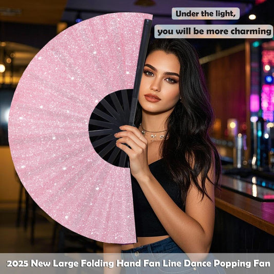 13 Inch Large Folding Fan-Hand Fan Popping Fan for Line Dancing Clacking Fans for Boots On The Ground Dance,Party,Outdoor,Decoration (Pink Glitter)